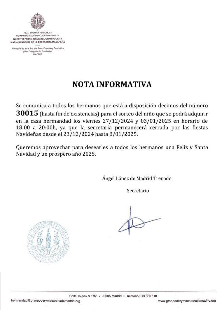 NOTA INFORMATIVA. – Hermandad Gran Poder y Macarena Madrid
